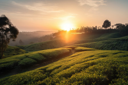 tea plantation sunset, with view of the sun setting over the horizon, created with generative aiの素材