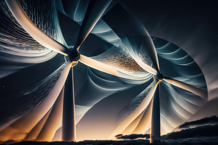 energy industry double exposure of wind turbine blades spinning in the wind against night sky, created with generative aiの素材