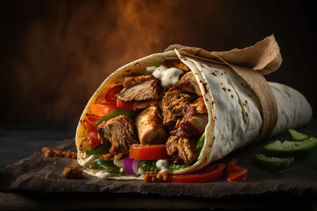close-up of chicken shawarma, with meat and vegetables visible, created with generative aiの素材