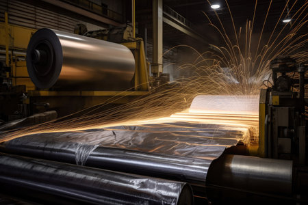 aluminum sheet being rolled at factory, with sparks flying, created with generative aiの素材