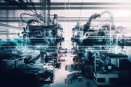 double exposure of busy automotive factory, with parts and tools seen in motion, created with generative aiの素材