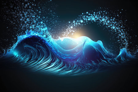 blue abstract liquid wave background with sparkling light and lens flare effect, shining on the surface, created with generative aiの素材