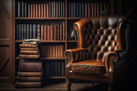 brown leather chair with tall wooden bookshelf in the background, created with generative aiの素材