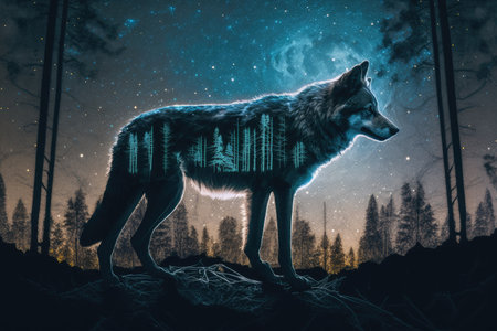 double exposure of wolf prowling through forest, with view of the night sky visible above, created with generative aiの素材