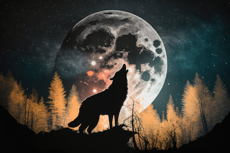 double exposure of wolf howling at the moon with full moon in the background, created with generative aiの素材