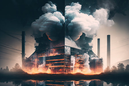 energy industry double exposure of smoke and steam rising from power plant, created with generative aiの素材