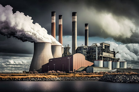 panoramic view of modern power plant, with smoke and steam rising from the chimneys, created with generative aiの素材