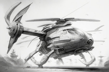 pencil sketch of futuristic helicopter with sleek design, rocket boosters and rotor blades, created with generative aiの素材