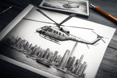 helicopter design pencil sketch with view of a city skyline, created with generative aiの素材