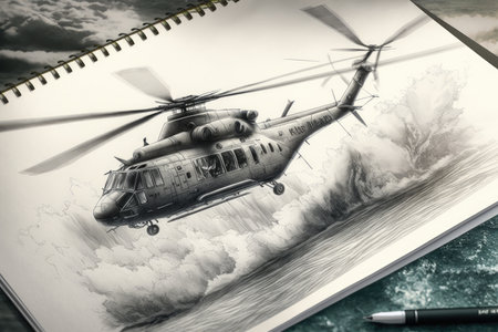 helicopter design pencil sketch flying above crystal-clear ocean, created with generative aiの素材