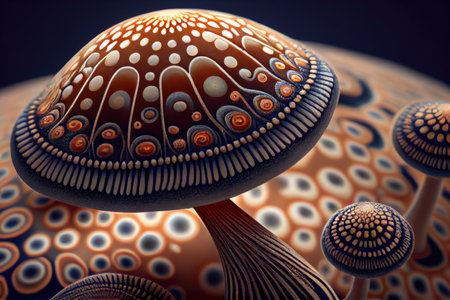 close-up of magic mushroom, with its intricate and beautiful pattern visible, created with generative aiの素材