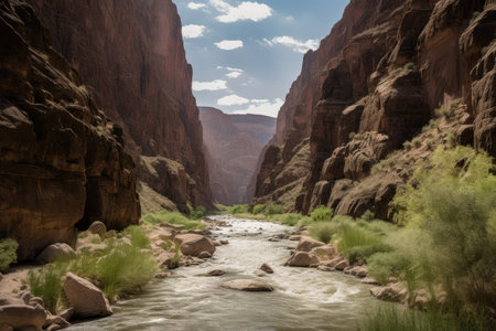 majestic canyon, with towering cliffs and rushing water, surrounded by natural beauty, created with generative aiの素材