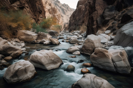 boulders, rock formations and rushing water in a canyon, created with generative aiの素材