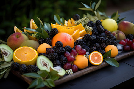 seasonal fruit platter, with fresh and natural ingredients for an eye-catching presentation, created with generative aiの素材