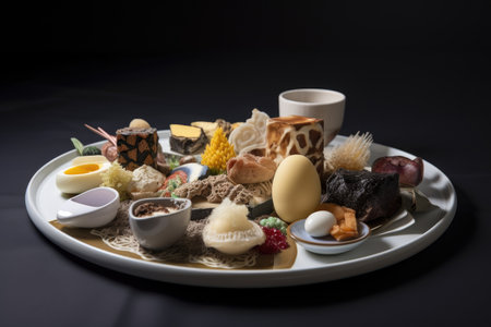 view of plate with a variety of different foods items, each presented in its own unique way, created with generative aiの素材