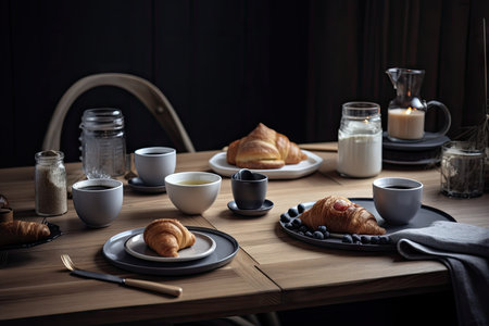stylish dining table setting with cup of coffee and pastries for breakfast or brunch, created with generative aiの素材