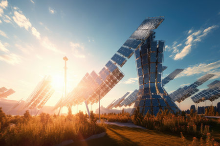 futuristic and conceptual solar plant, with panels and wires visible, created with generative aiの素材