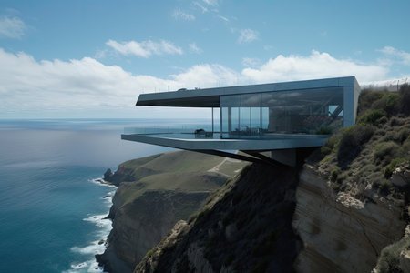 futuristic house perched on the edge of a cliff, with incredible view, created with generative aiの素材