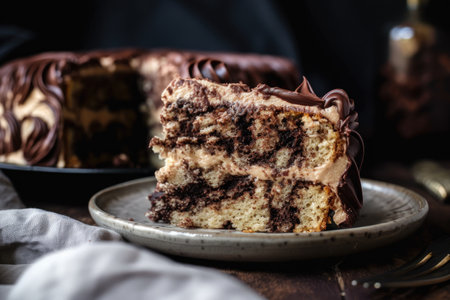 gluten-free and vegan slice of cake with swirls of frosting, created with generative aiの素材