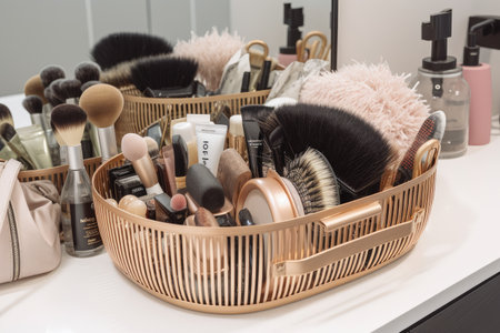 basket filled with hair accessories, blowdryers and brushes to ensure every customer looks their best, created with generative aiの素材
