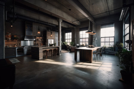 an industrial loft interior with metal accents, concrete floors, and raw materials, created with generative aiの素材