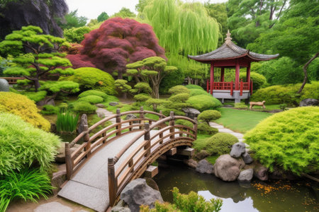 peaceful garden with japanese pagoda and wooden bridge, created with generative aiの素材