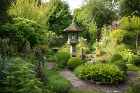 peaceful garden with pagoda and babbling brook, created with generative aiの素材