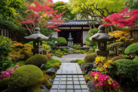 peaceful courtyard filled with colorful flowers and statues in japanese pagoda, created with generative aiの素材