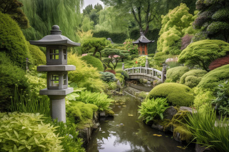 peaceful garden with japanese pagoda, lanterns and koi pond, created with generative aiの素材