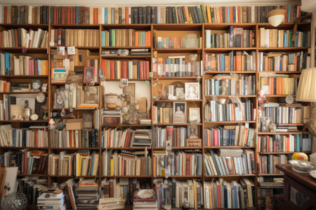a wall of shelves filled with books and other items, created with generative aiの素材