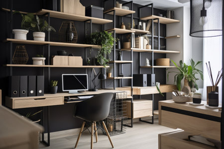 modern office with sleek and functional desktop organizers, wall-mounted shelves, and clear bins in the background, created with generative aiの素材