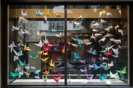 window display of origami birds, flying freely in the breeze, created with generative aiの素材