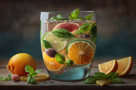 refreshing citrus beverage with floating slices of fruit and mint, created with generative aiの素材