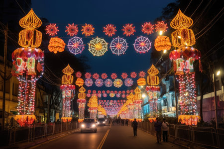 a festival of lights, with lanterns and intricate decorations adorning the streets, created with generative aiの素材