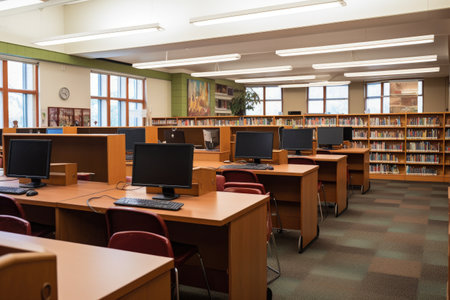 school library with books and computers for students to learn, research, and explore, created with generative aiの素材