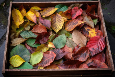 box of fallen leaves, with each leaf showing a different shade and texture, created with generative aiの素材