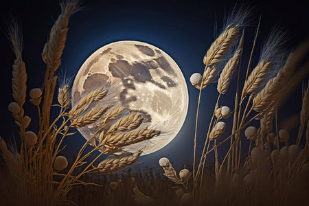 close-up of moon, shining over tranquil harvest moon night, created with generative aiの素材