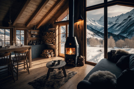beautifully decorated chalet with cozy nook, warm fireplace, and stunning view of the mountains, created with generative aiの素材