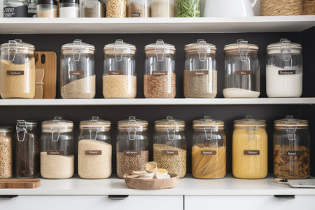 a pantry with glass jars and other food storage containers, each labeled for easy use, created with generative aiの素材