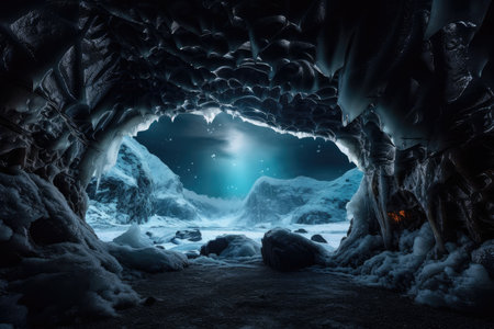 frozen cavern, with view of the night sky and stars visible through hole in the ceiling, created with generative aiの素材