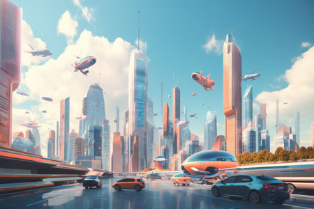 cityscape of bustling metropolis with towering skyscrapers and hovercars, created with generative aiの素材