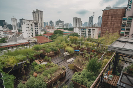 a rooftop garden with plants and herbs, growing amidst the hustle and bustle of the city, created with generative aiの素材