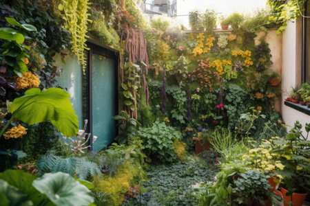 creative garden with vertical planting and climbing plants, created with generative aiの素材