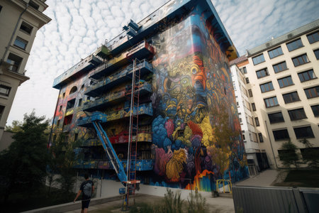 graffiti artist spray-painting intricate mural on the side of a building, created with generative aiの素材
