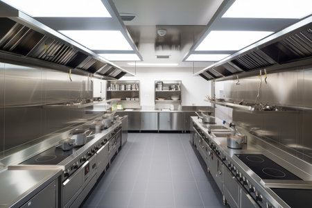 high-volume kitchen with row of cooking stations, each equipped with its own cooker and workstation, created with generative aiの素材