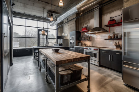 kitchen, with sleek industrial style and modern appliances, created with generative aiの素材