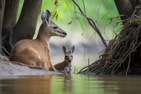 kangaroo mother sitting on riverbank, drinking water and keeping lookout, created with generative aiの素材