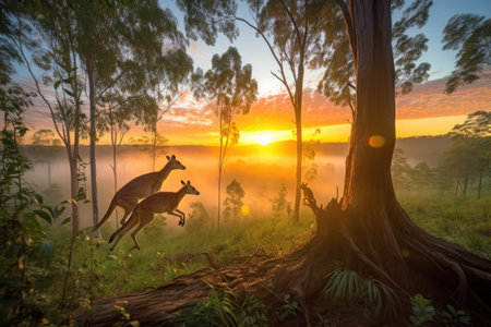 kangaroo mother and joey jumping in lush forest with view of the sunrise, created with generative aiの素材