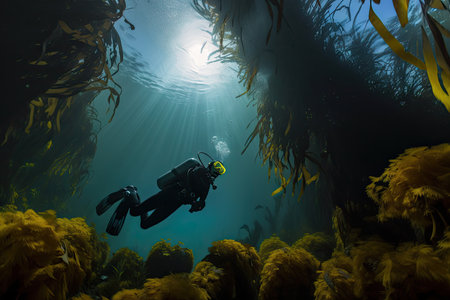 diver admiring towering kelp forest, with schools of fish swimming among the fronds, created with generative aiの素材