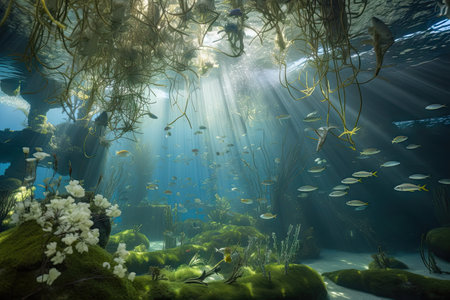 mystical underwater garden with kelp plants and sparkling schools of fish, created with generative aiの素材